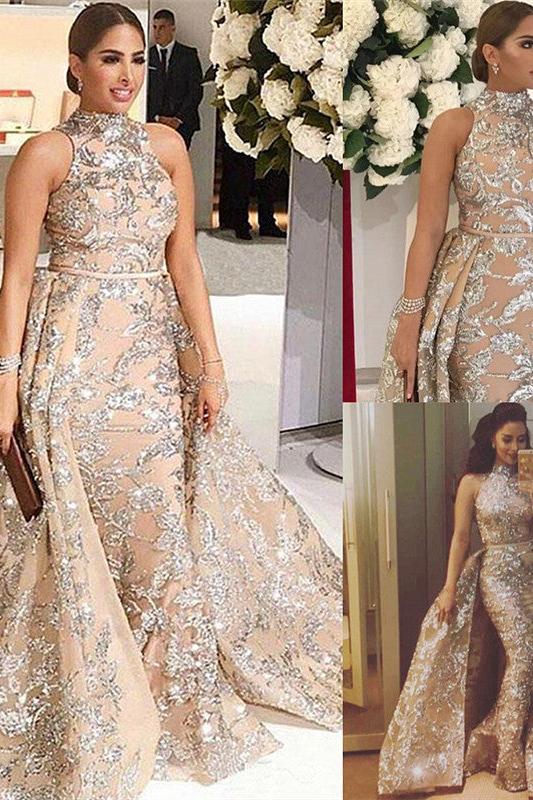 Overskirt Champagne Silver Beading Lace Appliques Chic Sleeveless Prom Dresses - Image 2