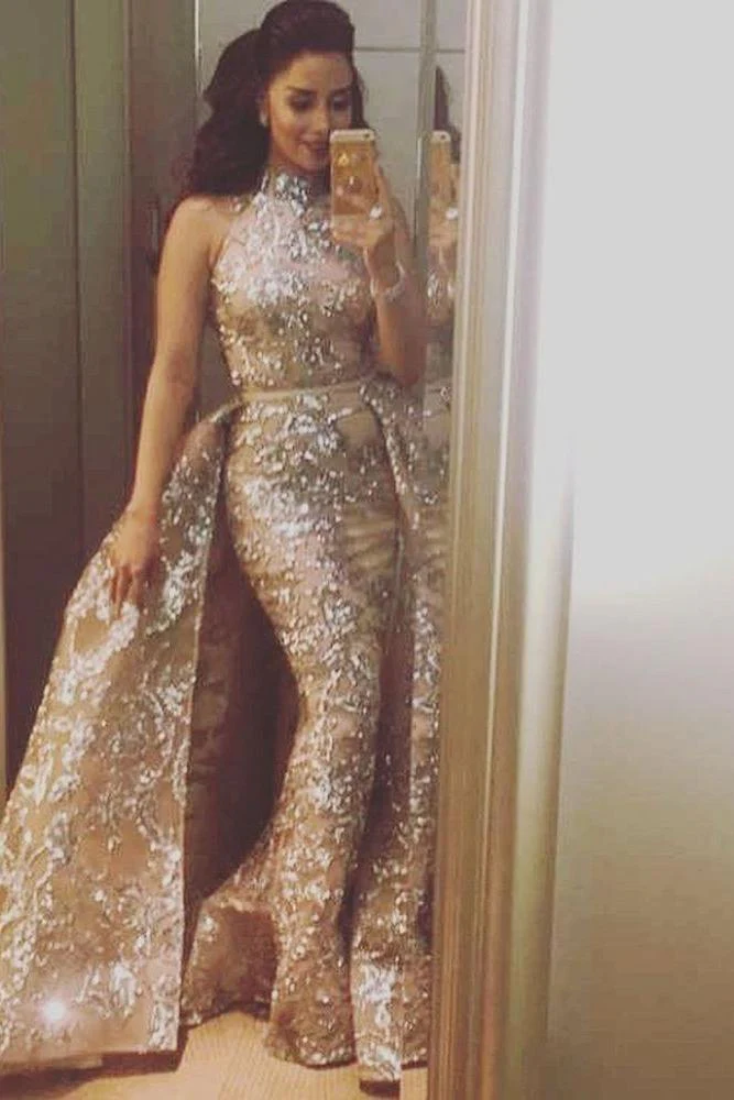 Overskirt Champagne Silver Beading Lace Appliques Chic Sleeveless Prom Dresses - Image 3