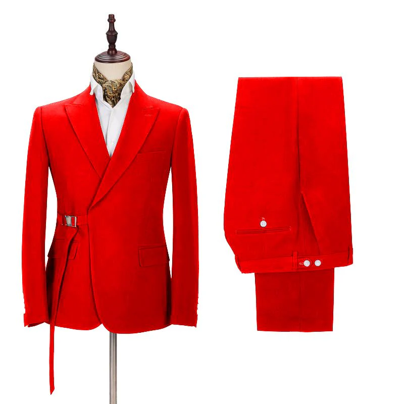 Passionate Bright Red Men's Formal Suit Online Peak Lapel Buckle Button Casual Suit for Men - Image 2