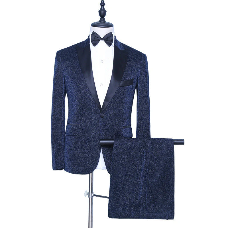 Modern Dark Navy Peaked Lapel Designer Men Suits for Prom - Image 2