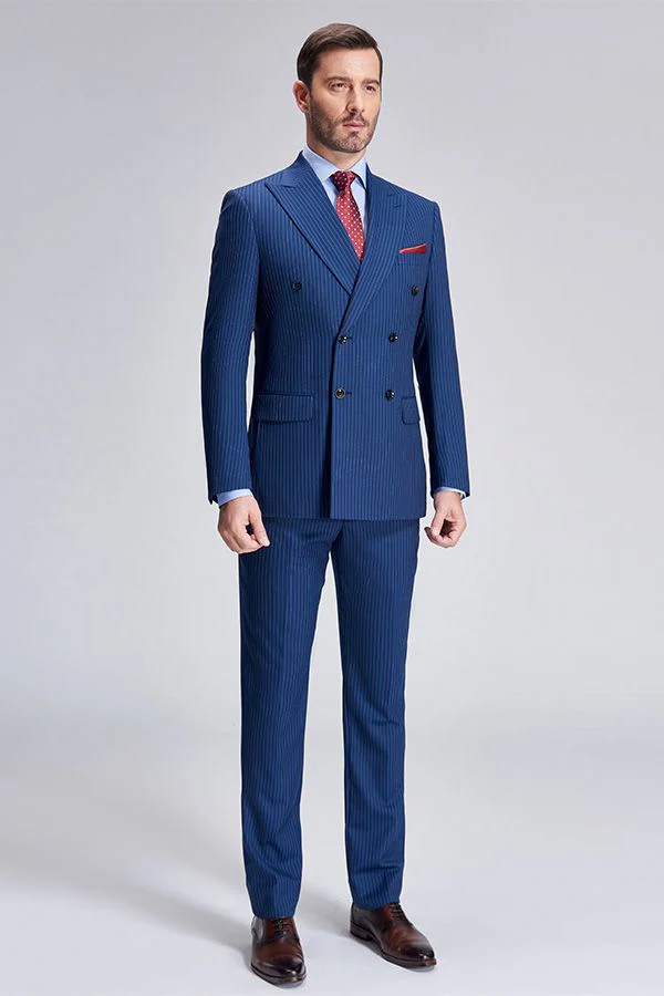 Peak Lapel Blue Mens Suits for Business Stripes Double Breasted Mens Suits - Image 2