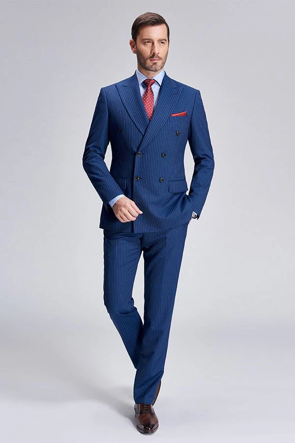 Peak Lapel Blue Mens Suits for Business Stripes Double Breasted Mens Suits - Image 3