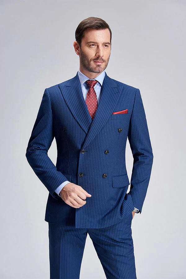 Peak Lapel Blue Mens Suits for Business Stripes Double Breasted Mens Suits - Image 8