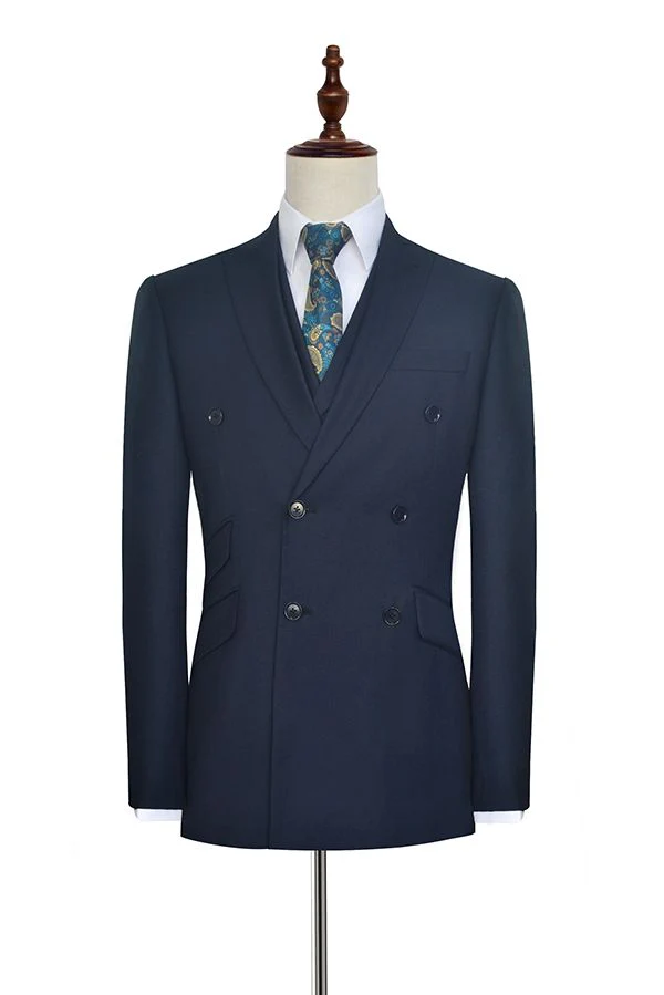 Peak Lapel Double Breasted Business Mens Suits for Formal Three Piece Dark Navy Suits for Men - Image 3