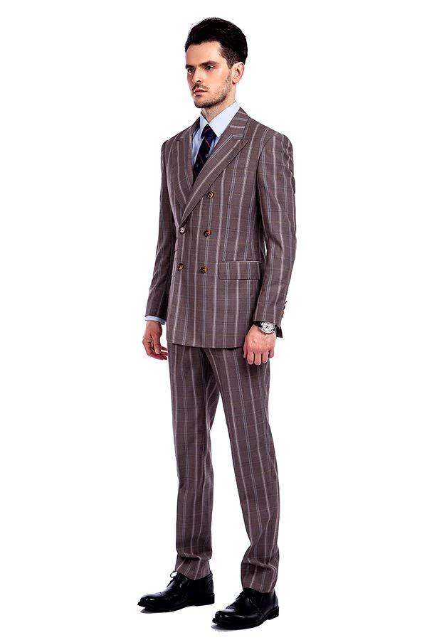 Peak Lapel Plaid Double Breasted Premium Mens Suits with Flap Pocket - Image 2