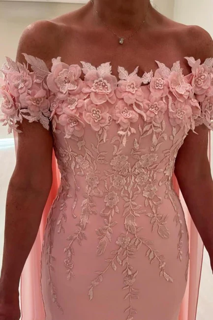 Pearl Pink Off the shoulder Cap sleeves Column Flowers Prom Dresses - Image 2