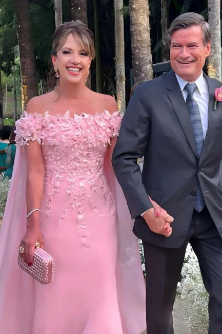 Pearl Pink Off the shoulder Cap sleeves Column Flowers Prom Dresses - Image 3
