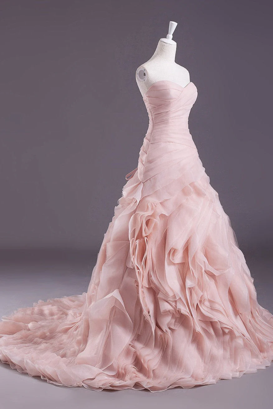 Pink A-Line Strapless Sweetheart Neck Tiered Sweep Wedding Gown - Image 2