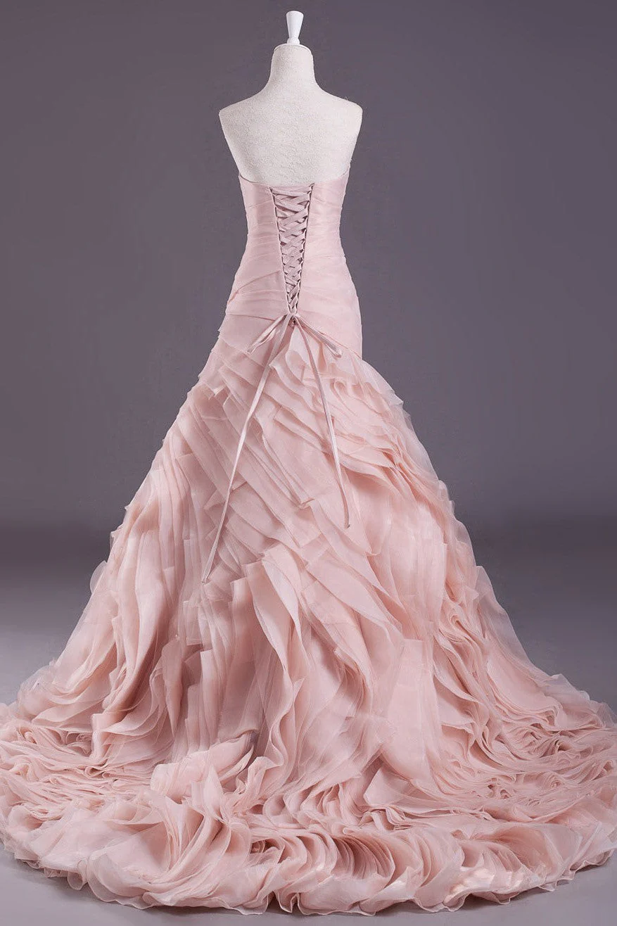 Pink A-Line Strapless Sweetheart Neck Tiered Sweep Wedding Gown - Image 3