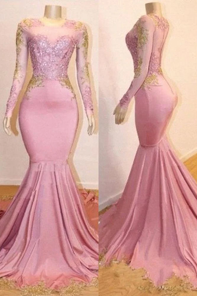 Pink Appliques Long Sleevess Prom Dresses New Arrival Gorgeous Mermaid Evening Gowns - Image 2