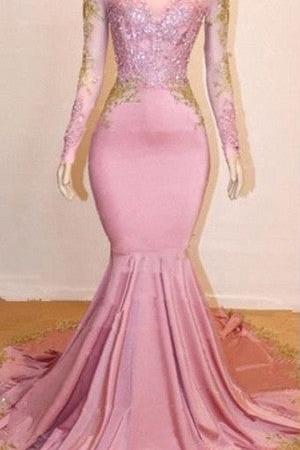 Pink Appliques Long Sleevess Prom Dresses New Arrival Gorgeous Mermaid Evening Gowns - Image 3