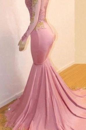 Pink Appliques Long Sleevess Prom Dresses New Arrival Gorgeous Mermaid Evening Gowns - Image 4