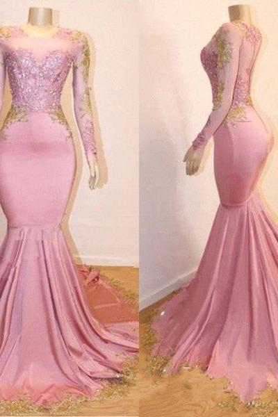 Pink Appliques Long Sleevess Prom Dresses New Arrival Gorgeous Mermaid Evening Gowns - Image 5