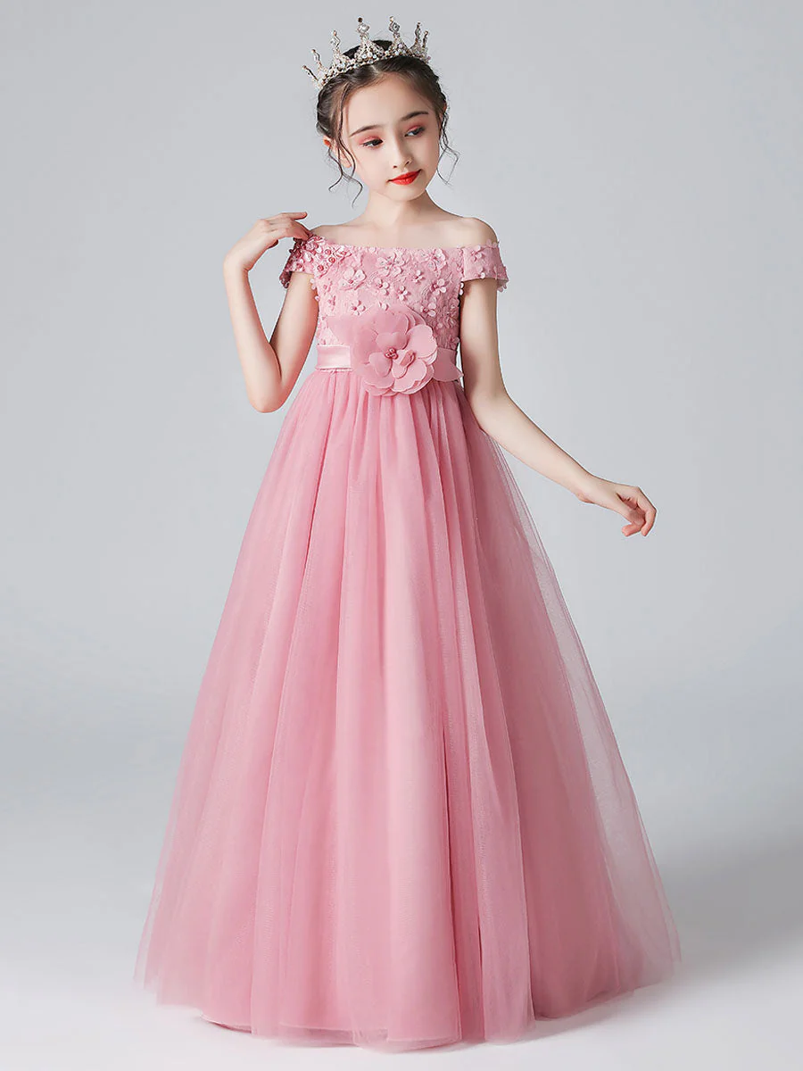Pink Bateau Neck Sleeveless Bows Formal Kids Pageant flower girl dresses - Image 2