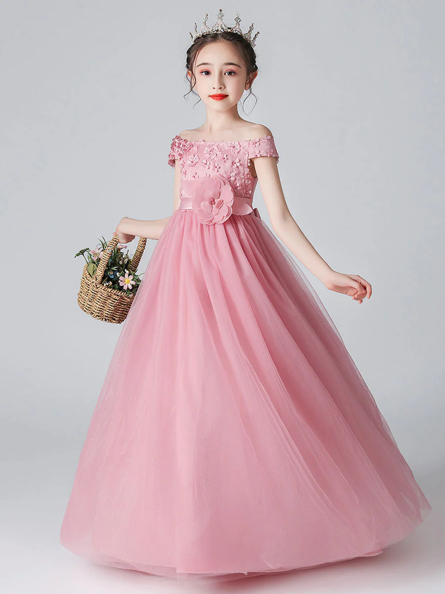 Pink Bateau Neck Sleeveless Bows Formal Kids Pageant flower girl dresses - Image 3