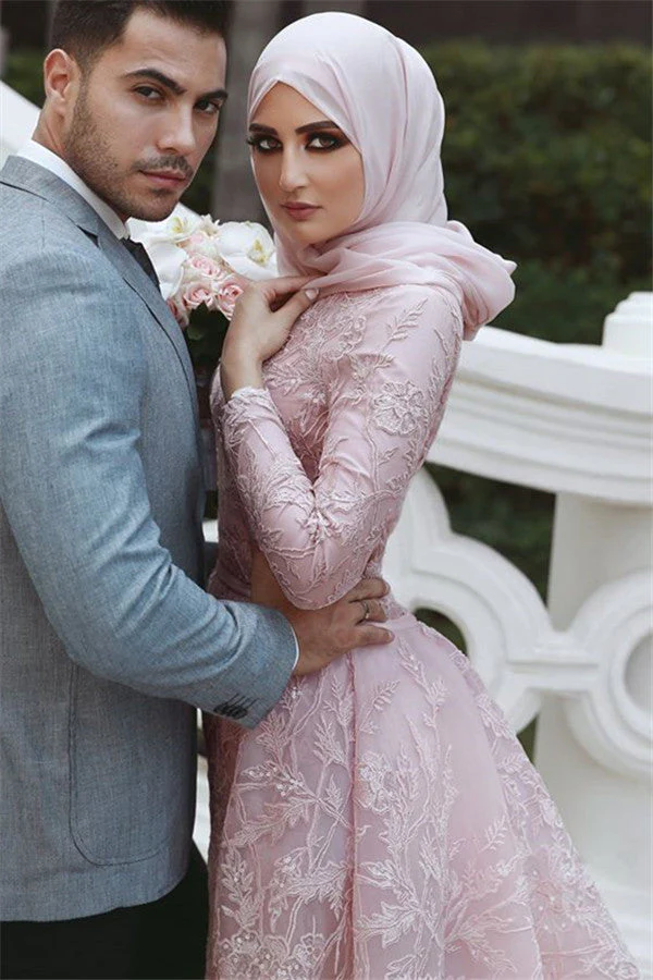 Pink Detachable Long-Sleeves Prom Dresses Appliques Lace Mermaid Evening Gowns - Image 2