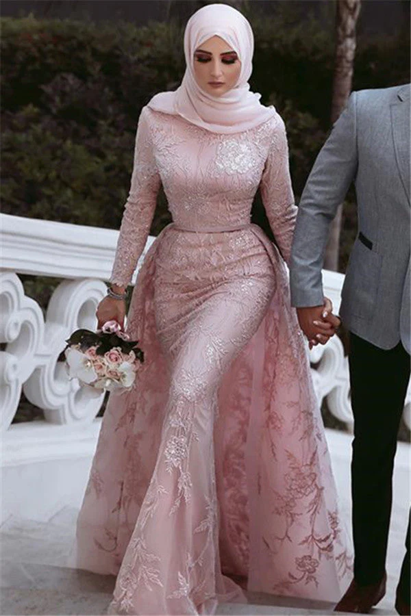 Pink Detachable Long-Sleeves Prom Dresses Appliques Lace Mermaid Evening Gowns - Image 3