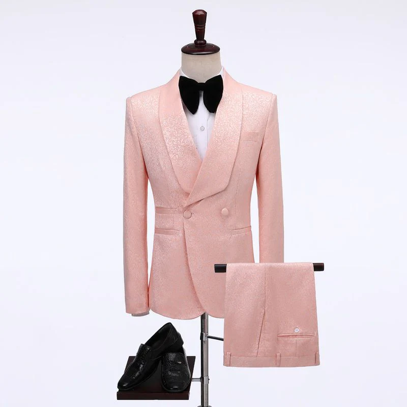 Pink Double Breasted Jacquard shawl Lapel Wedding Men Suits - Image 2