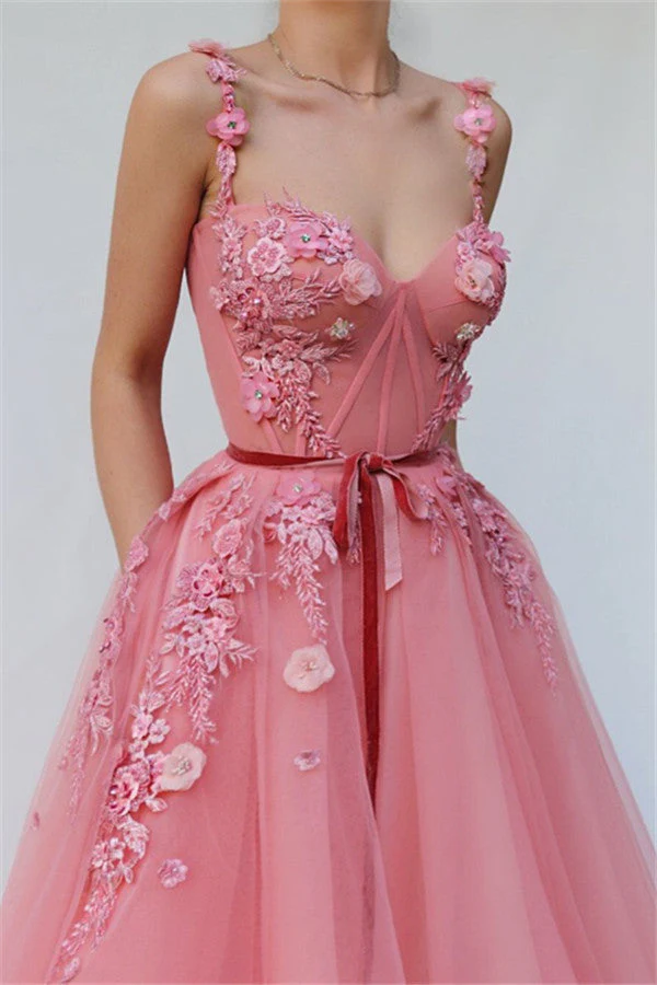Pink Gorgeous A-line Spaghetti Tulle Flower Applique Prom Dresses - Image 2