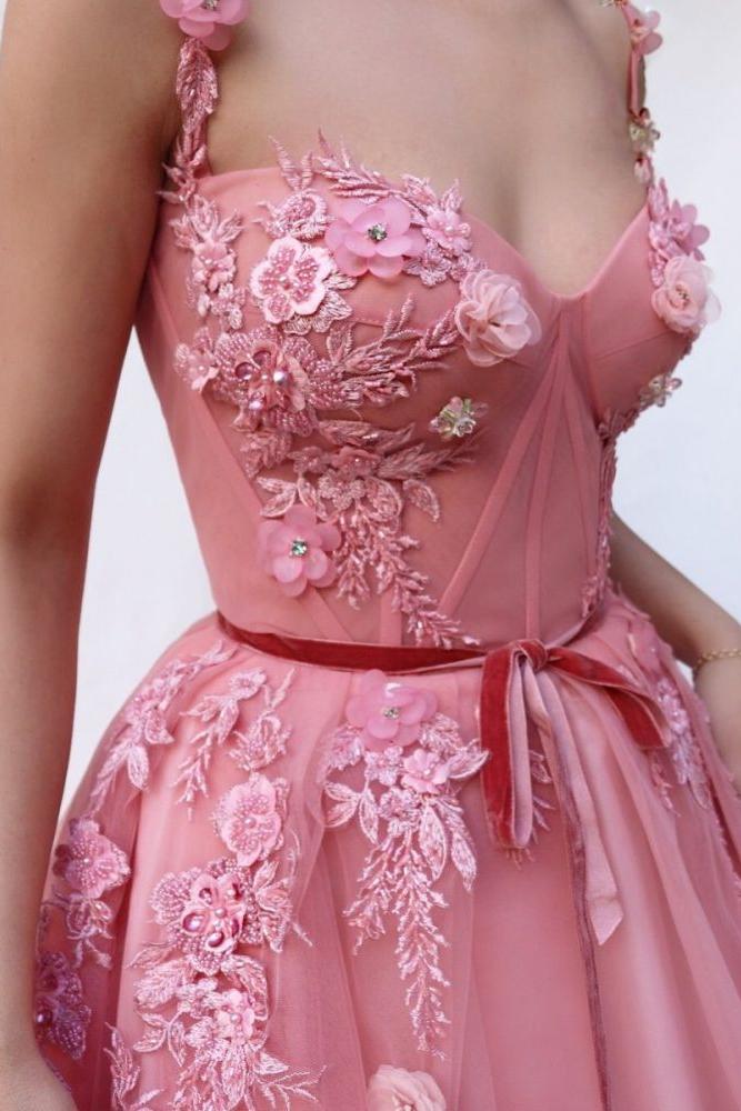 Pink Gorgeous A-line Spaghetti Tulle Flower Applique Prom Dresses - Image 3