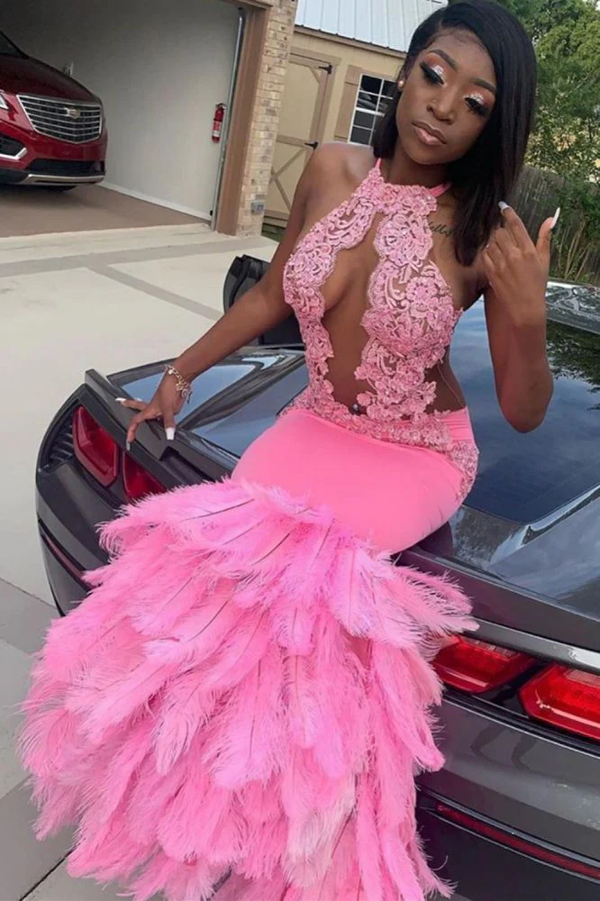 Pink Halter Mermaid Feather Prom Party GownsAppliques Evening Dressing - Image 2