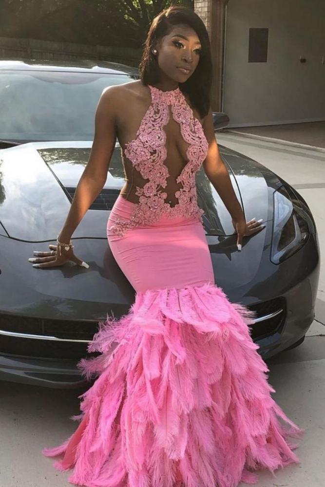 Pink Halter Mermaid Feather Prom Party GownsAppliques Evening Dressing - Image 3