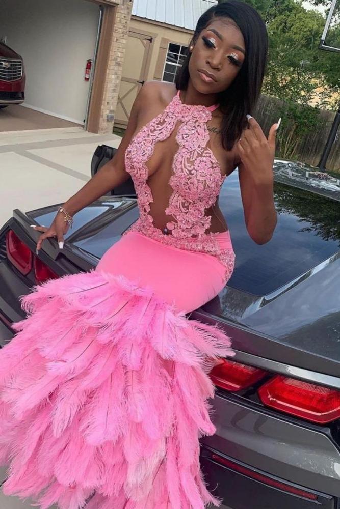 Pink Halter Mermaid Feather Prom Party GownsAppliques Evening Dressing - Image 4
