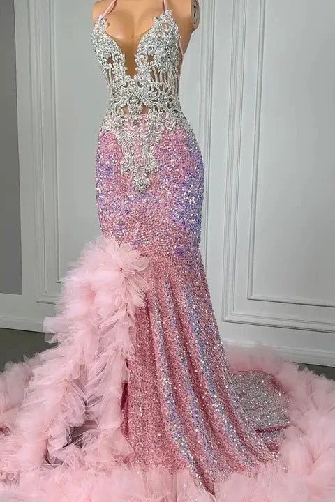 Pink Halter Mermaid Prom Dress with Sequins Beadings and Tulle Ruffle - Image 2