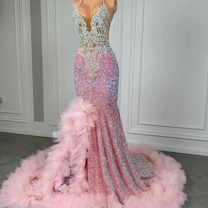 Pink Halter Mermaid Prom Dress with Sequins Beadings and Tulle Ruffle - Image 3
