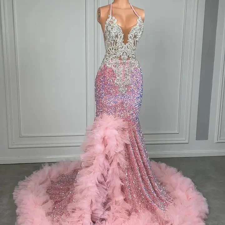 Pink Halter Mermaid Prom Dress with Sequins Beadings and Tulle Ruffle - Image 4