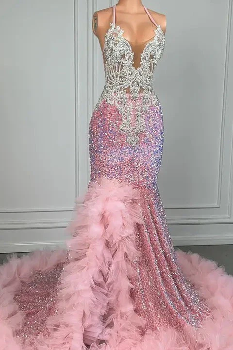 Pink Halter Mermaid Prom Dress with Sequins Beadings and Tulle Ruffle - Image 5