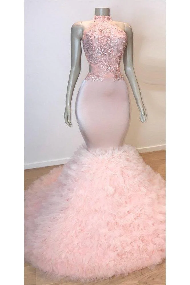 Pink Halter Sleeveless Mermaid Prom Dresses New Arrival Chic Open Back Lace Tulle Evening Gowns - Image 2