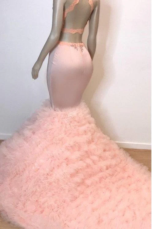 Pink Halter Sleeveless Mermaid Prom Dresses New Arrival Chic Open Back Lace Tulle Evening Gowns - Image 3