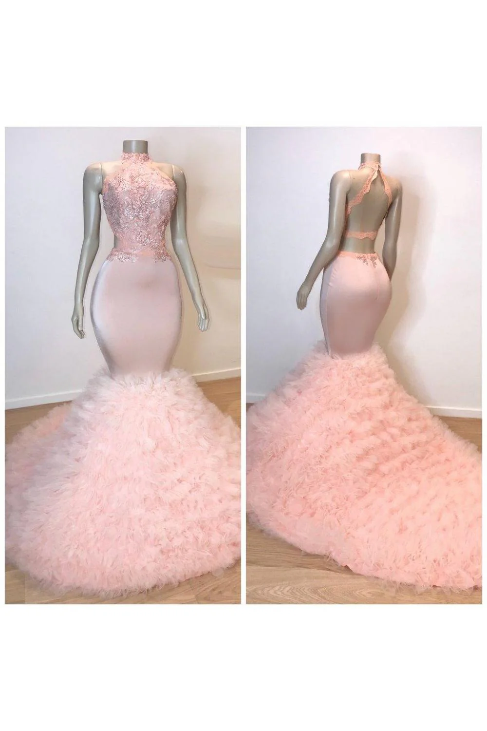 Pink Halter Sleeveless Mermaid Prom Dresses New Arrival Chic Open Back Lace Tulle Evening Gowns - Image 4