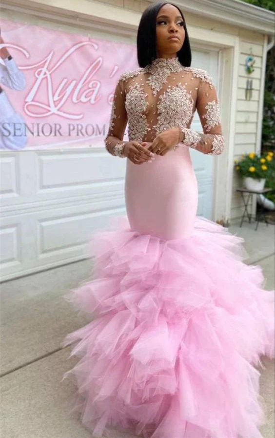 Trendy Pink Illusion neck Long Sleeves Mermaid Ruffles Prom Dresses - Image 2