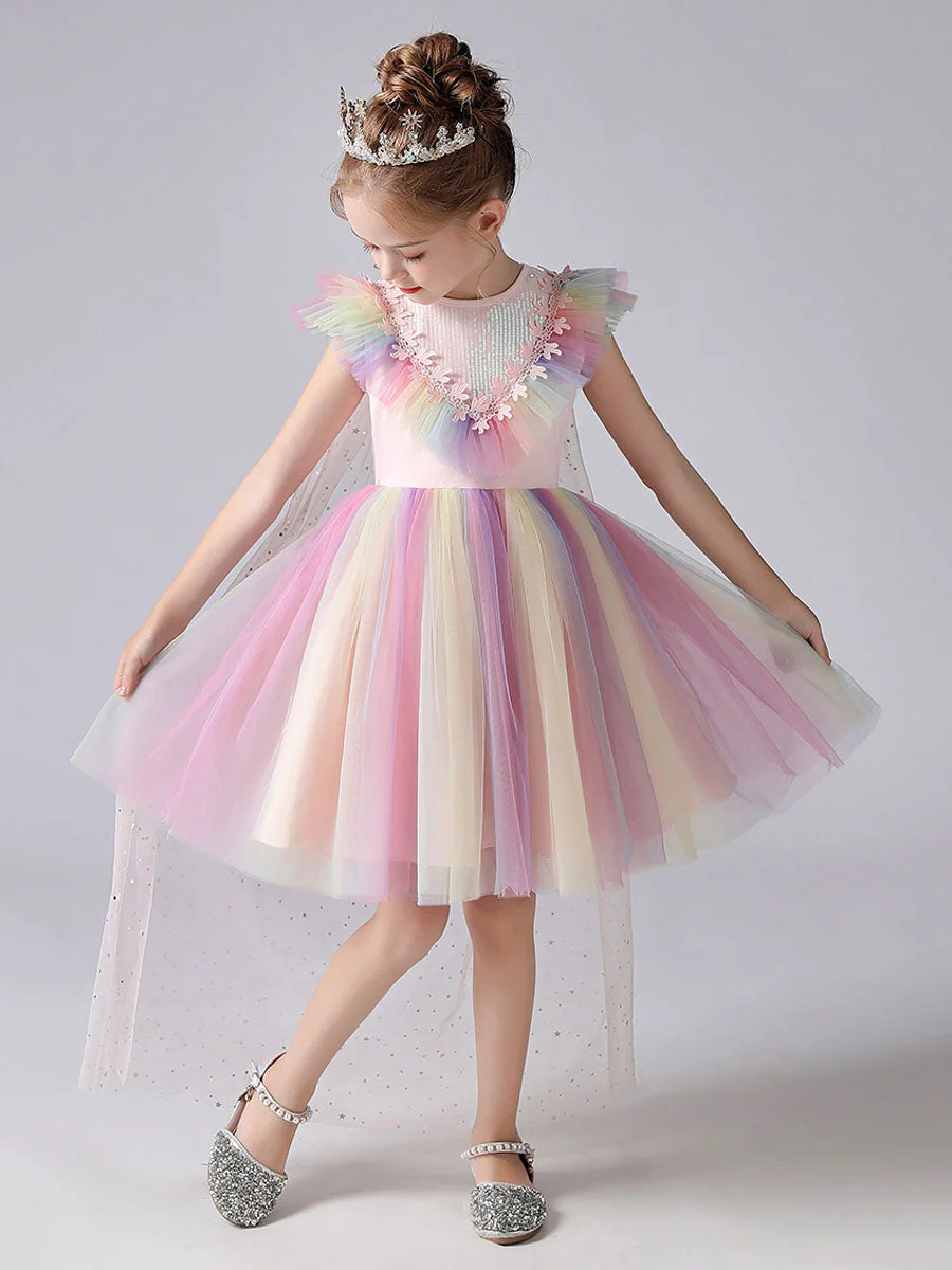 Pink Jewel Neck Short Sleeves Kids Social Party Dresses Princess Dress - Image 2
