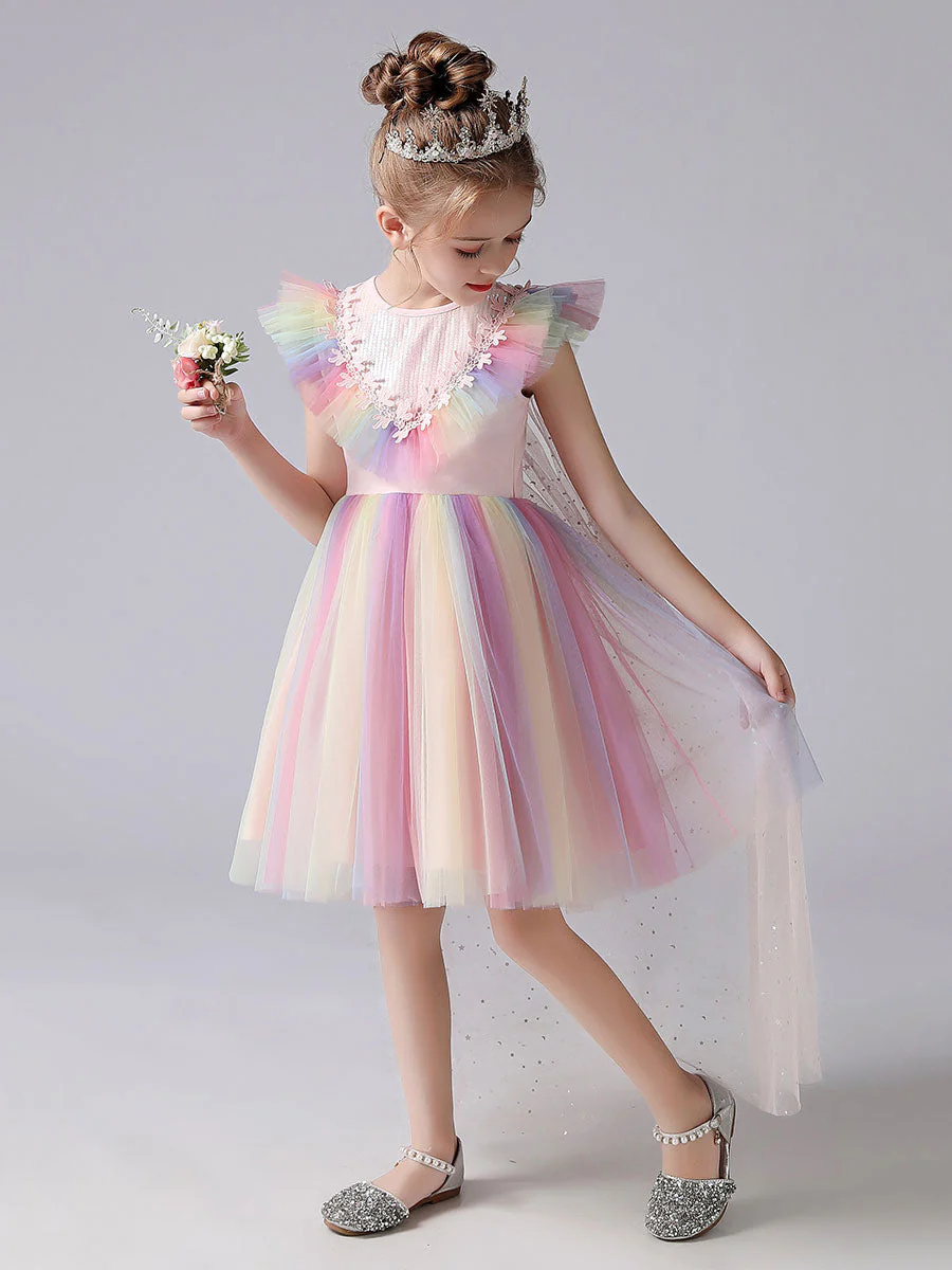Pink Jewel Neck Short Sleeves Kids Social Party Dresses Princess Dress - Image 3