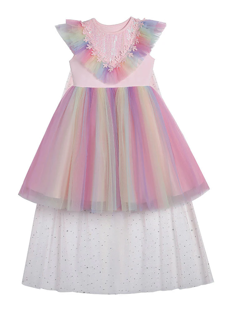 Pink Jewel Neck Short Sleeves Kids Social Party Dresses Princess Dress - Image 5