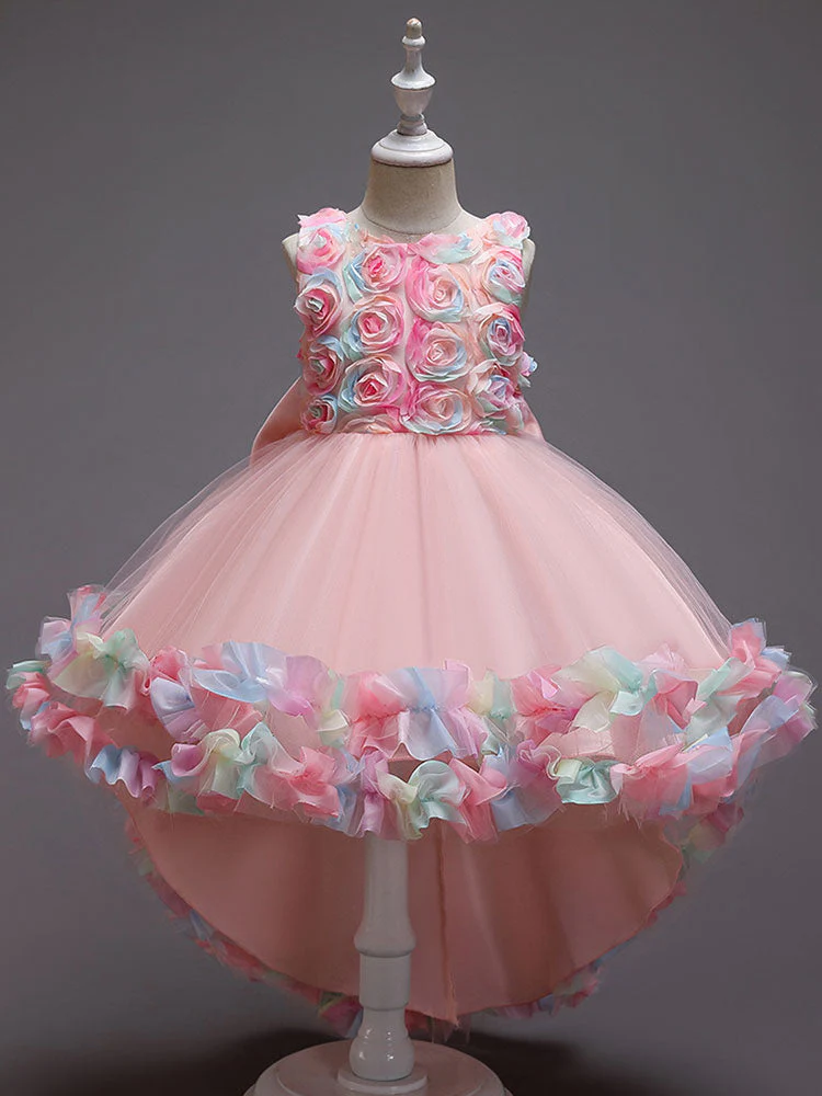 Pink Jewel Neck Sleeveless Bows Flowers Tulle Polyester Cotton Formal Kids Pageant flower girl dresses - Image 2