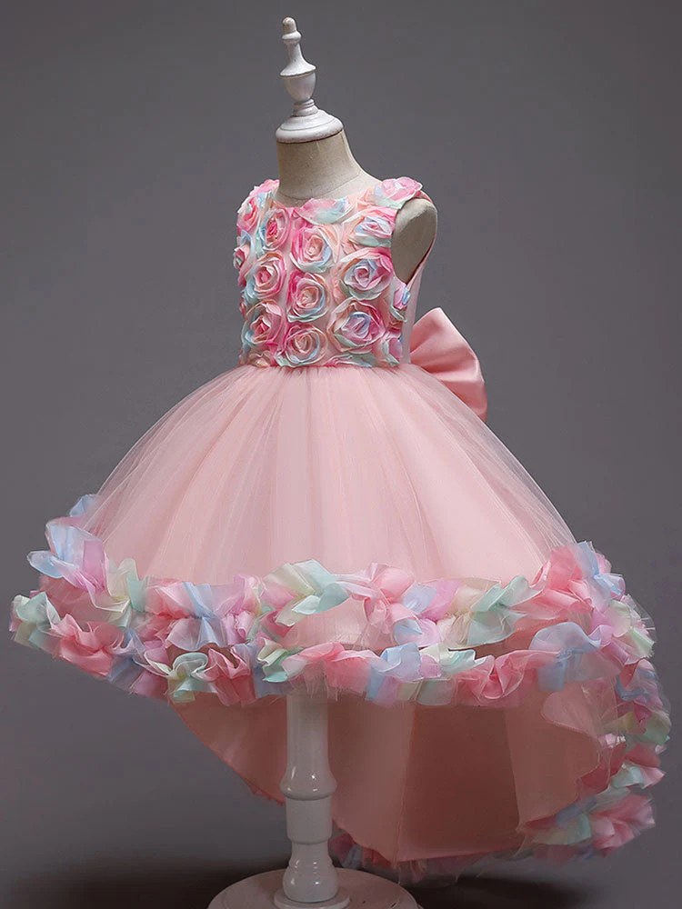 Pink Jewel Neck Sleeveless Bows Flowers Tulle Polyester Cotton Formal Kids Pageant flower girl dresses - Image 3