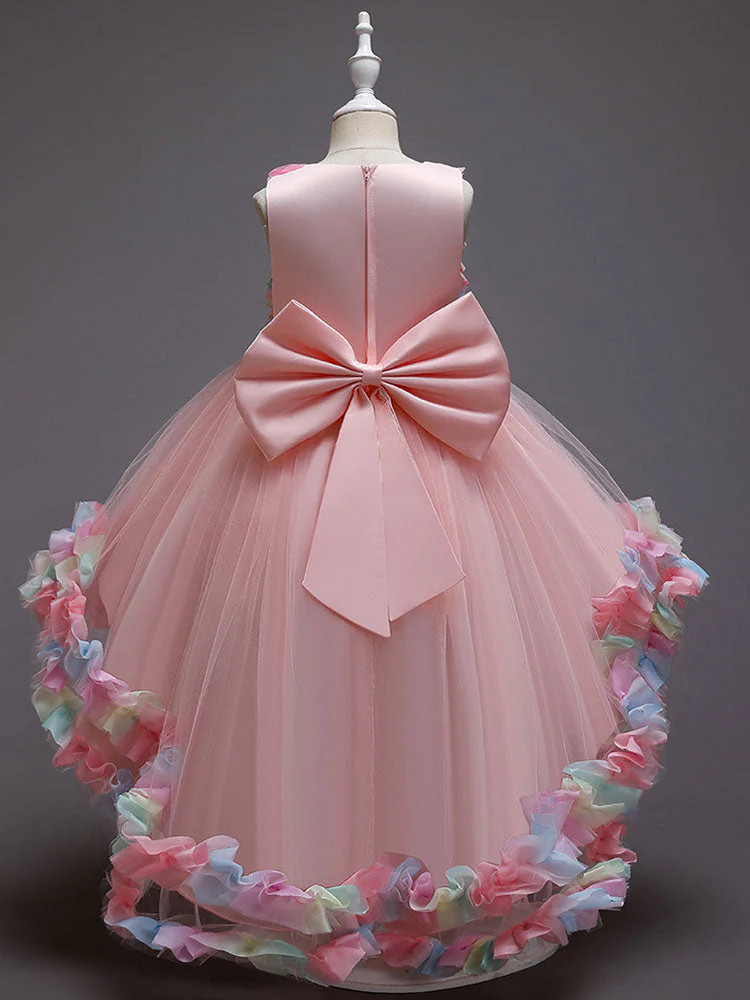 Pink Jewel Neck Sleeveless Bows Flowers Tulle Polyester Cotton Formal Kids Pageant flower girl dresses - Image 4