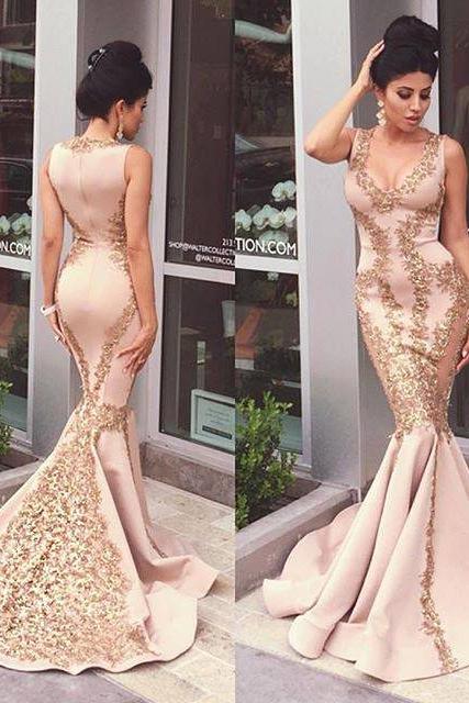 Pink Lace-Appliques Mermaid Sleeveless Prom Dresses - Image 3