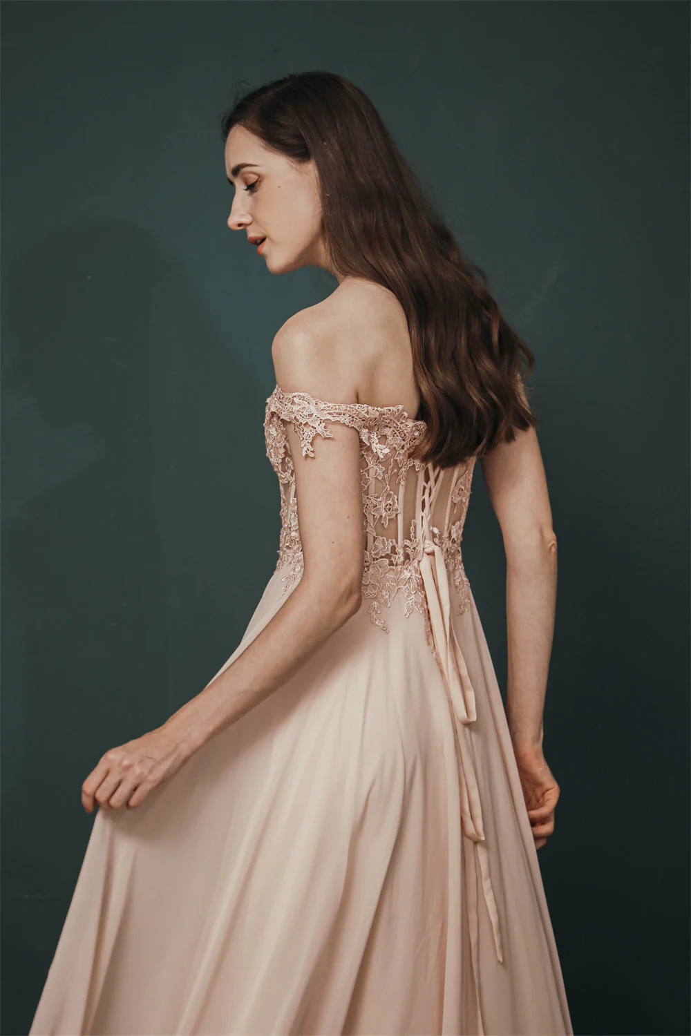Pink Lace-up Off-the-shoulder Chiffon Formal Dress - Image 6