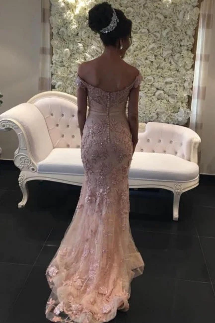 Glamorous Pink Off-the-shouder Prom Dresses Glitter Lace Mermaid Evening Gowns - Image 2