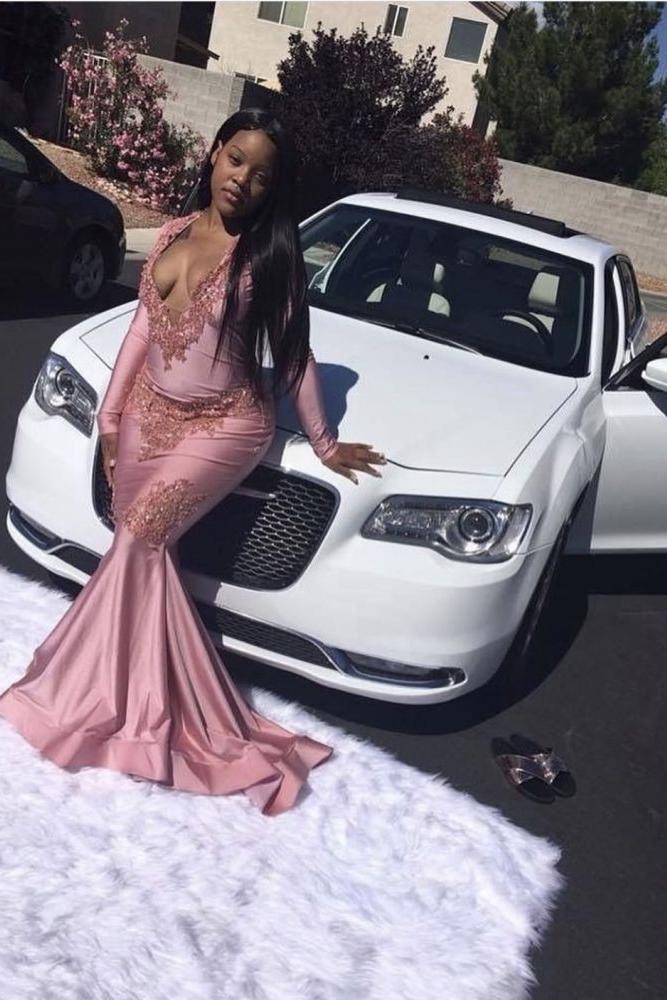 Pink Mermaid Long Sleevess V-neck Floor Length Prom Dresses - Image 2