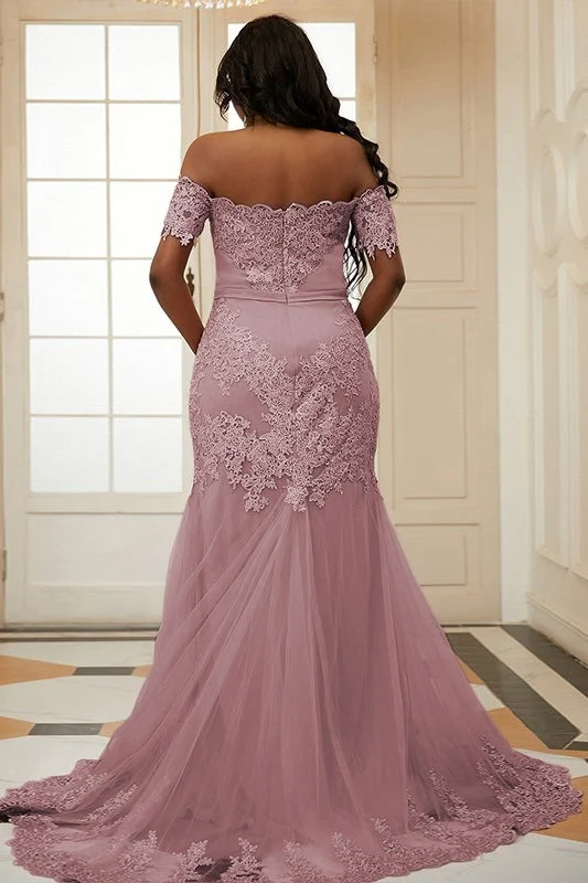 Pink Off Shoulder Tulle Appliques Side Slit Bespoke Prom Dresses - Image 2