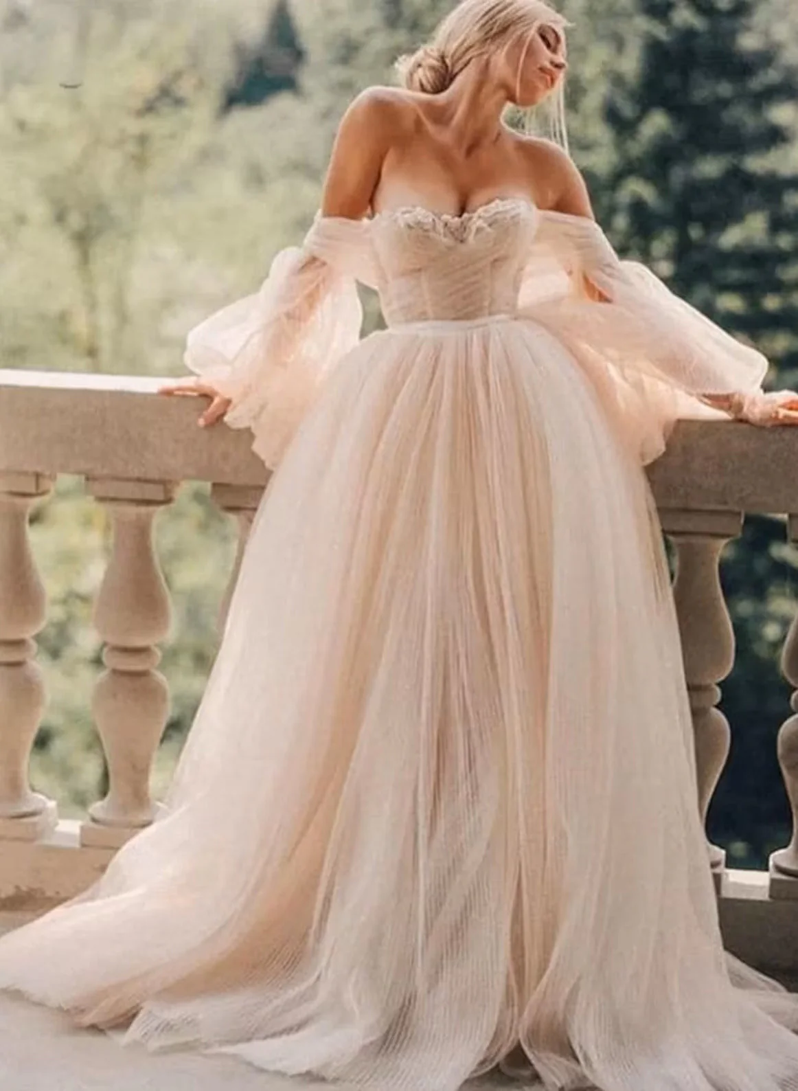 Pink Romantic Long Sleeves Off-The-Shoulder Wedding Dresses Lace - Image 4