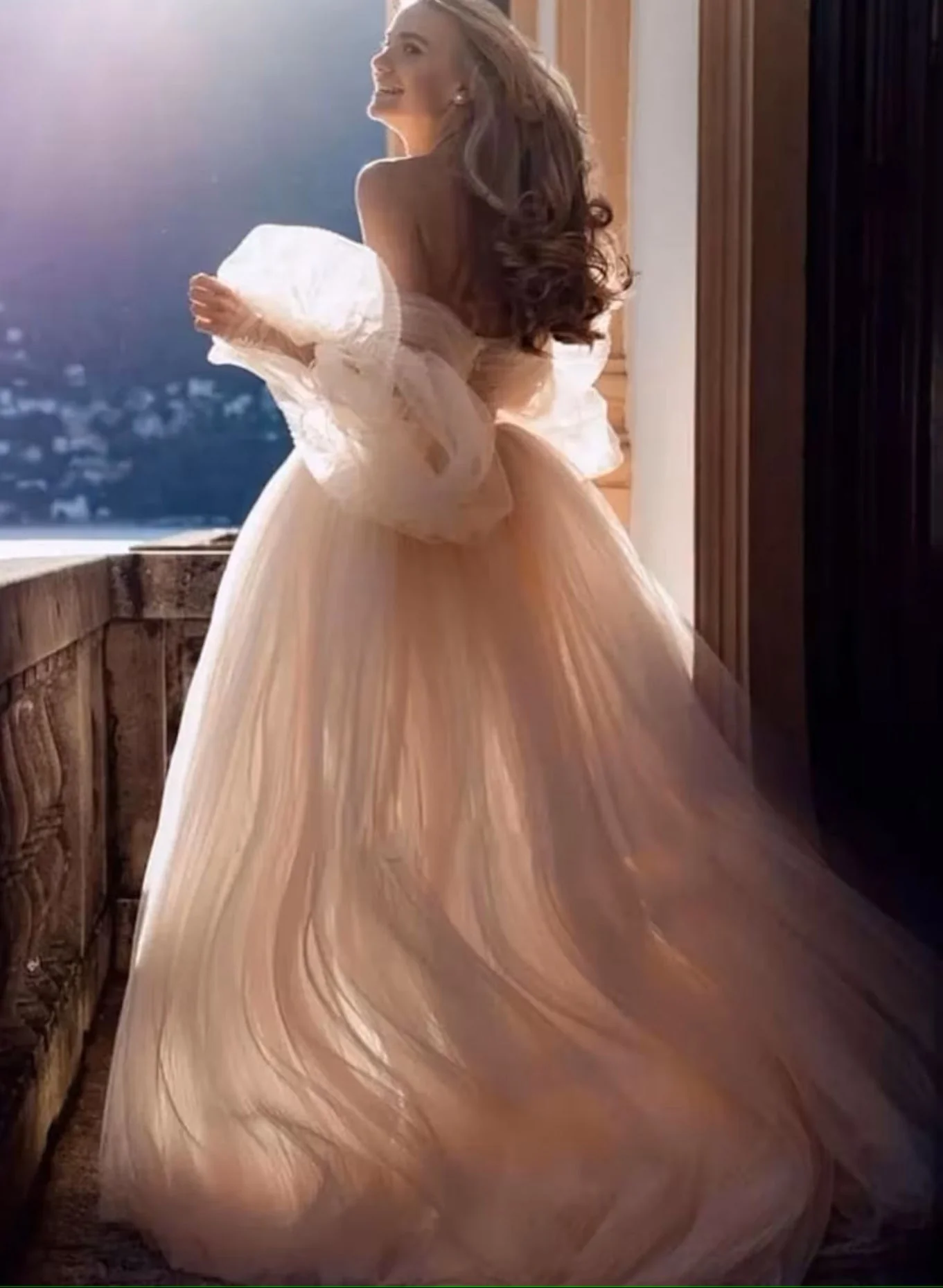 Pink Romantic Long Sleeves Off-The-Shoulder Wedding Dresses Lace - Image 5