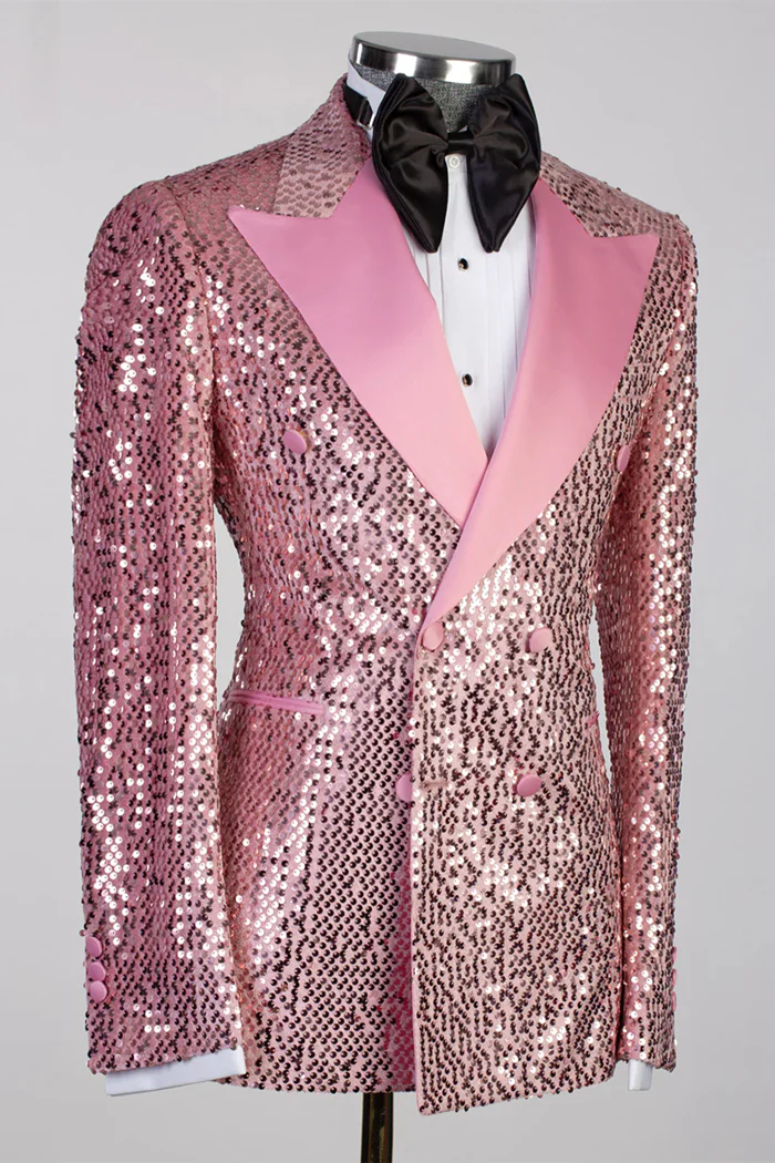 Pink Sequin Prom Suit with Satin Peaked Lapel - Image 2
