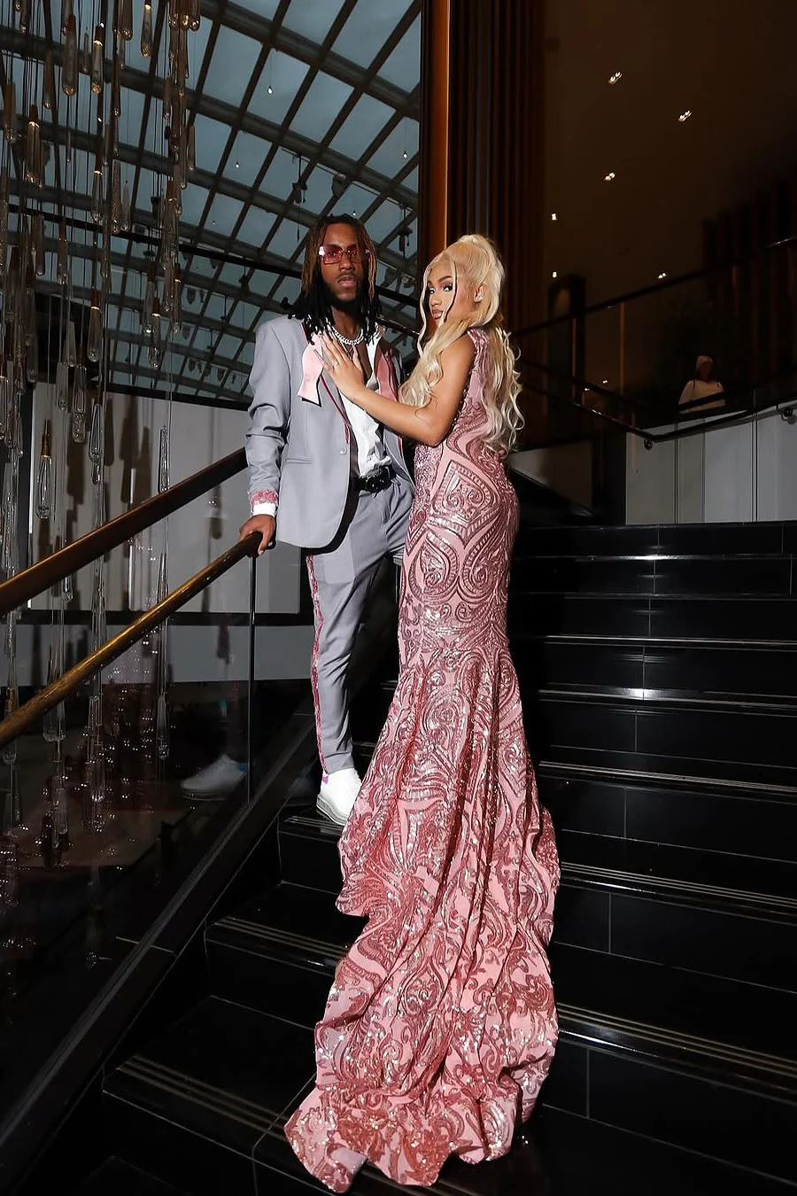 Pink Sequined Column Silver Beaded V-neck Prom Dresses - Image 3